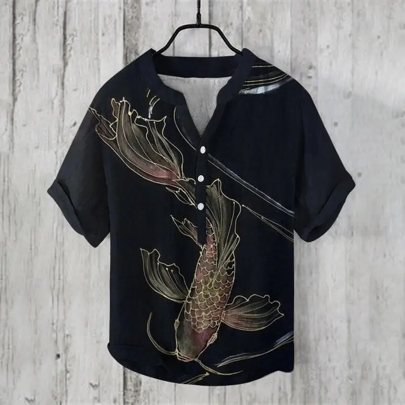 Anime Print V Neck Men's 3-Breasted Shirt - Image 3