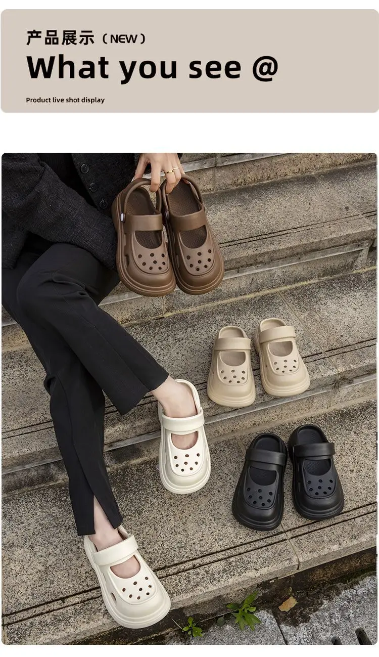 Upgraded Mary Jane Hole Shoes Women's Eva Summer Thick Sole Heightened Outwear Slippers Beach Non-slip Sandals — feature 10