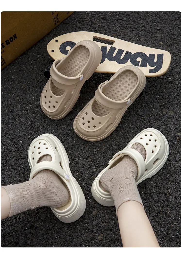 Upgraded Mary Jane Hole Shoes Women's Eva Summer Thick Sole Heightened Outwear Slippers Beach Non-slip Sandals — feature 11