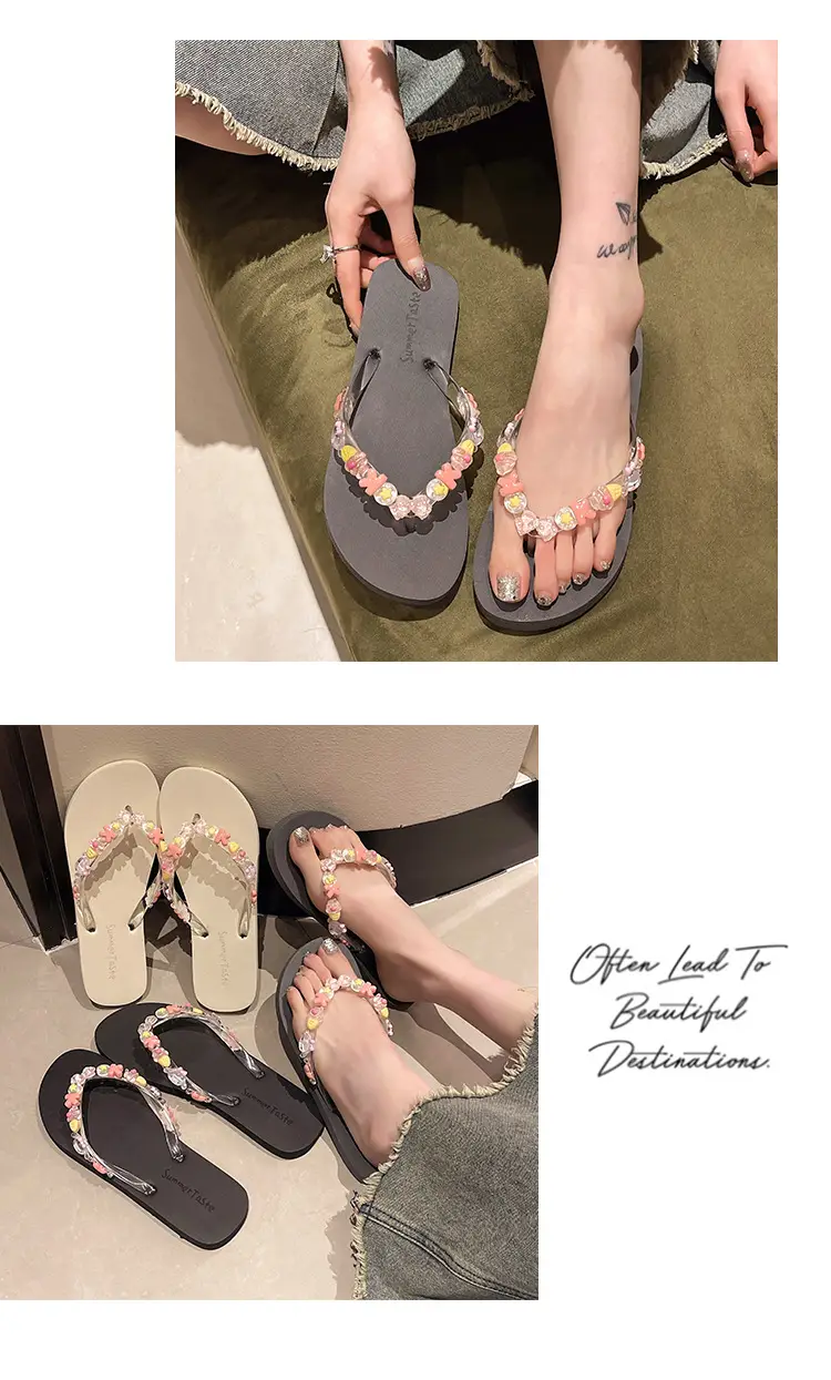 Flip-Flops for Women, Summer Indoor Beach Shoes, Crystal Slippers for Outdoor Wear at the Beach, Cute Bathing, Transparent Flowers, Non-Slip — feature 9