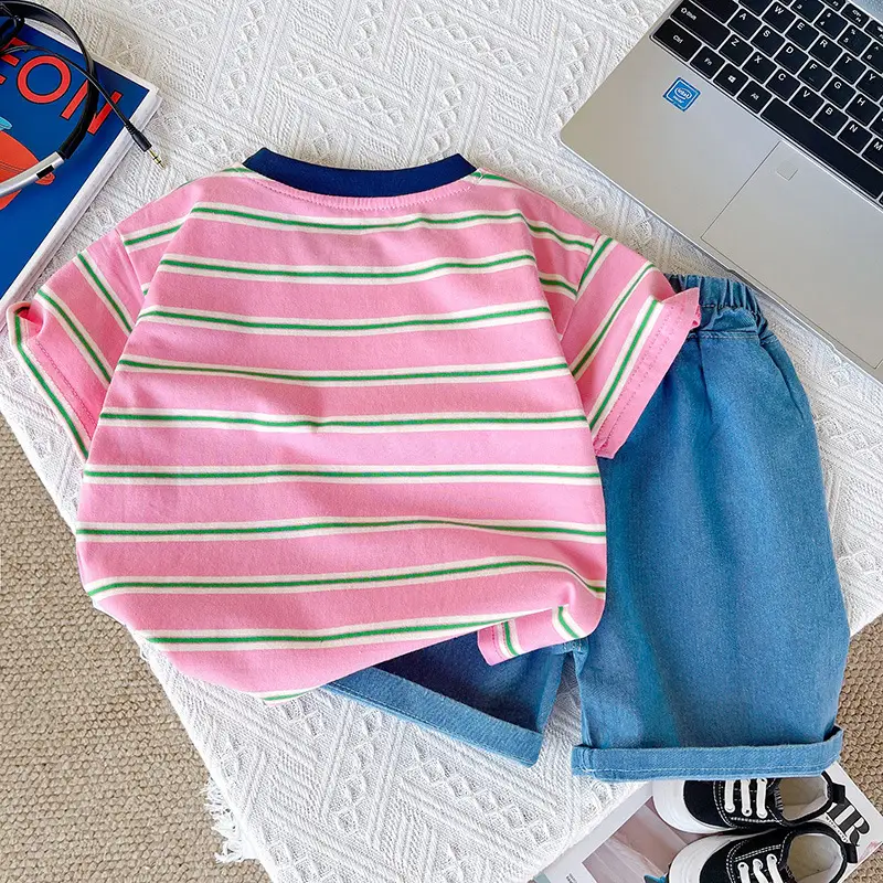 Boys Striped T-Shirt Pink Green Striped Kids T-Shirt