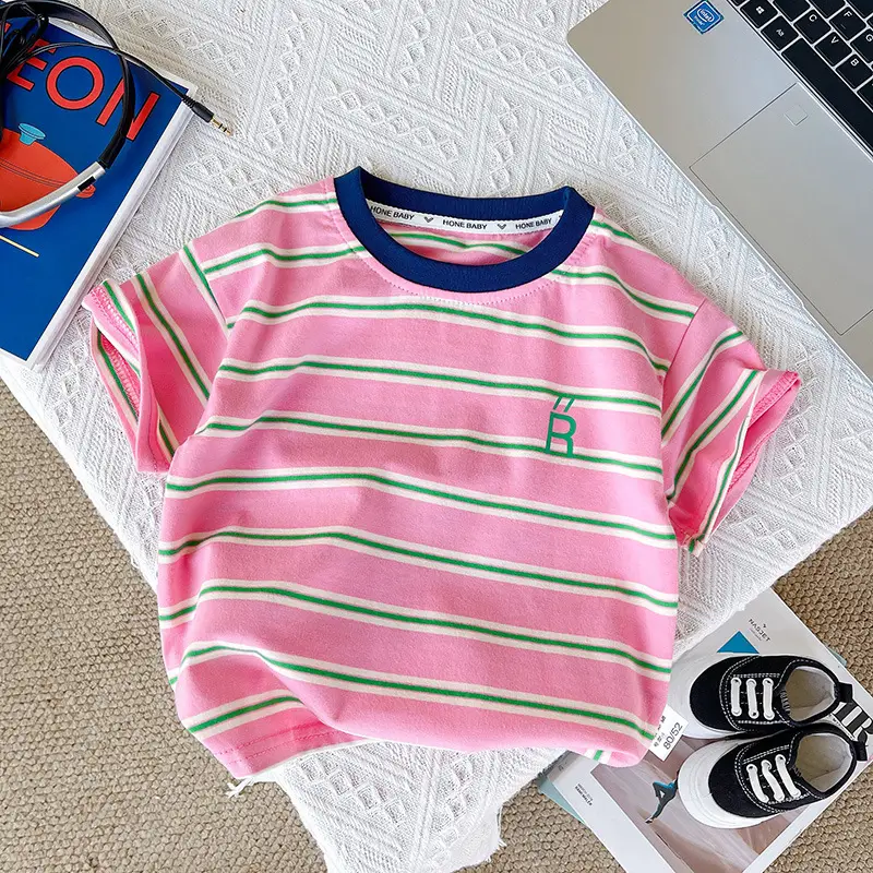 Boys Striped T-Shirt Pink Green Striped Kids T-Shirt