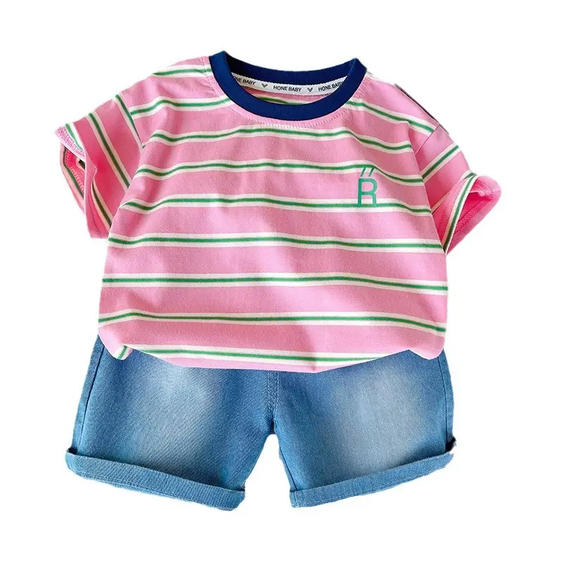 Boys Striped T-Shirt Pink Green Striped Kids T-Shirt