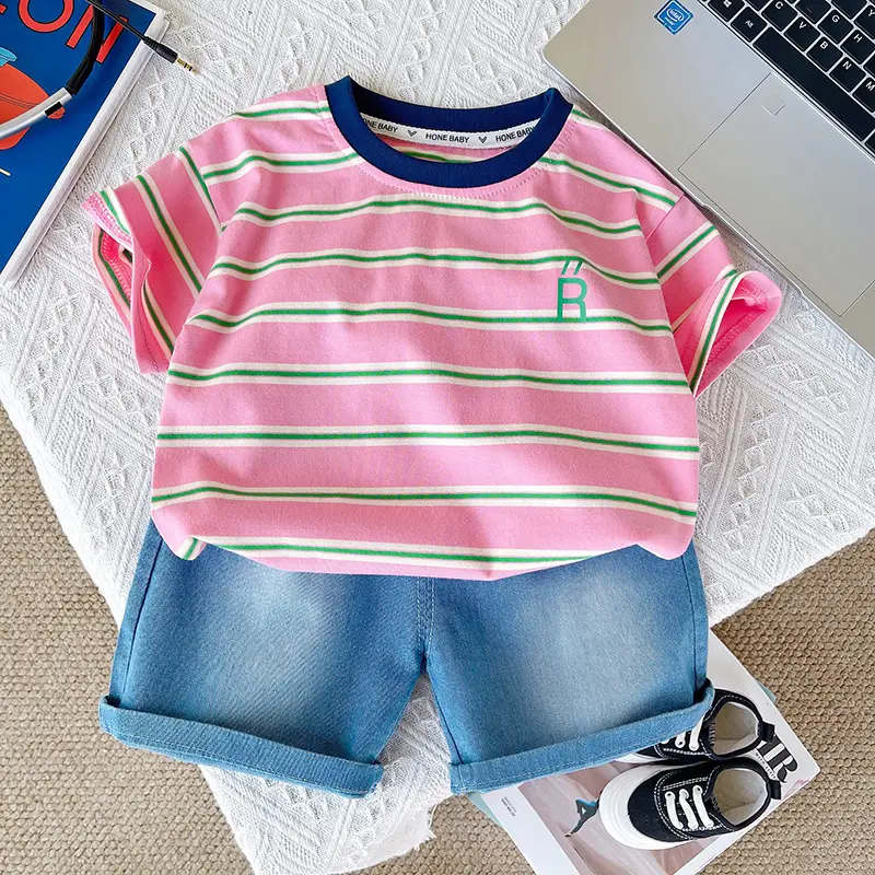 Boys Striped T-Shirt Pink Green Striped Kids T-Shirt — feature 3