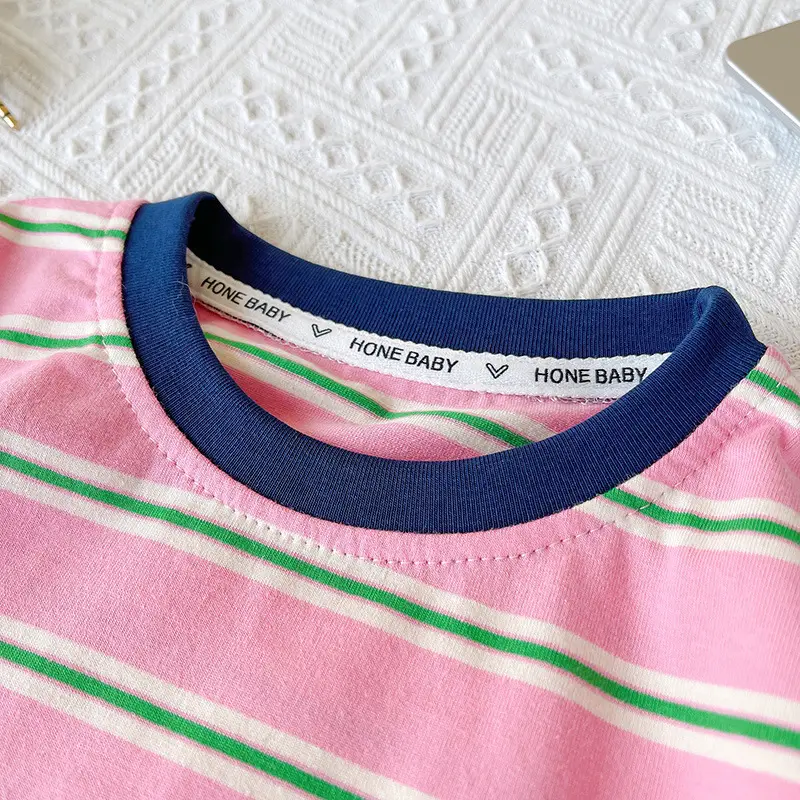 Boys Striped T-Shirt Pink Green Striped Kids T-Shirt — feature 6
