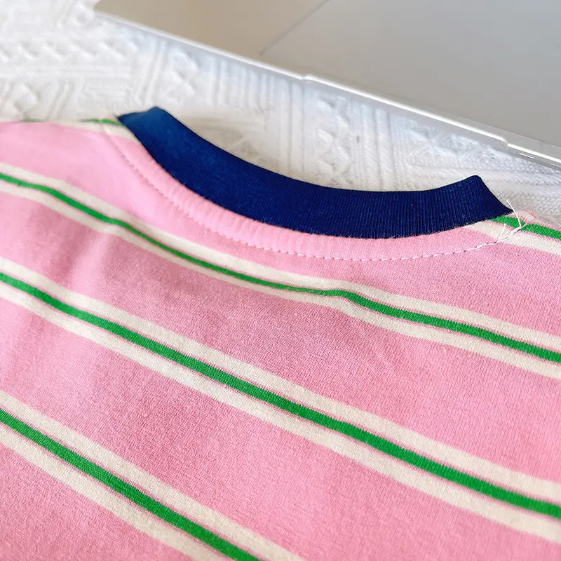 Boys Striped T-Shirt Pink Green Striped Kids T-Shirt — feature 9
