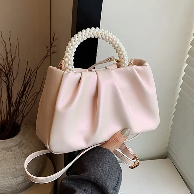 Pearl Handle Women's Pink Pleated Shoulder Bag - Image 6