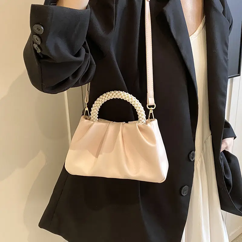 Pearl Handle Women's Pink Pleated Shoulder Bag - Image 9