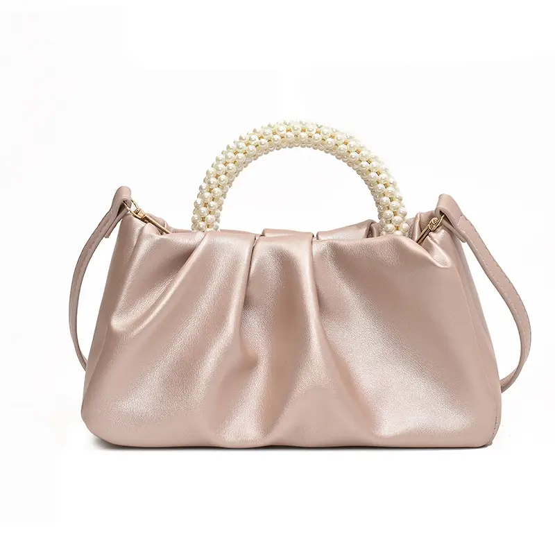 Pearl Handle Women's Pink Pleated Shoulder Bag - Image 10