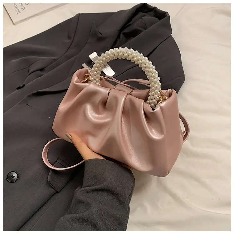 Pearl Handle Women's Pink Pleated Shoulder Bag — feature 22