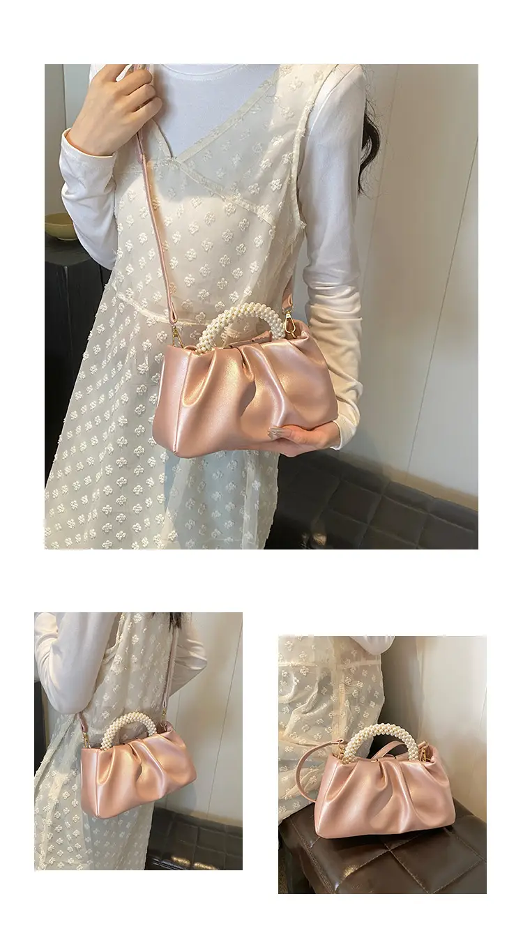 Pearl Handle Women's Pink Pleated Shoulder Bag — feature 6