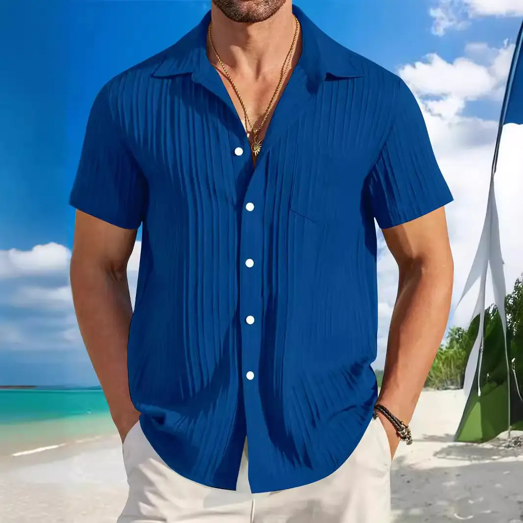 Men Blue Striped Short Sleeve Shirt - Image 14