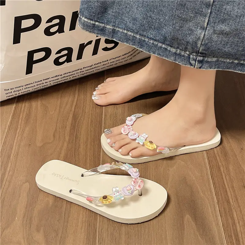 Flip-flops Women's Summer Indoor Beach Shoes for Seaside Wear Eva Dung-feeling Cute Bathing Transparent Flower Non-slip - Image 3