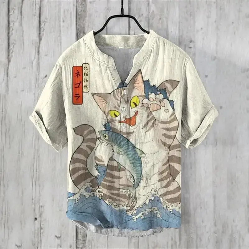 3D Printed Cat Tree V Neck Men's Cotton Shirt - Image 20