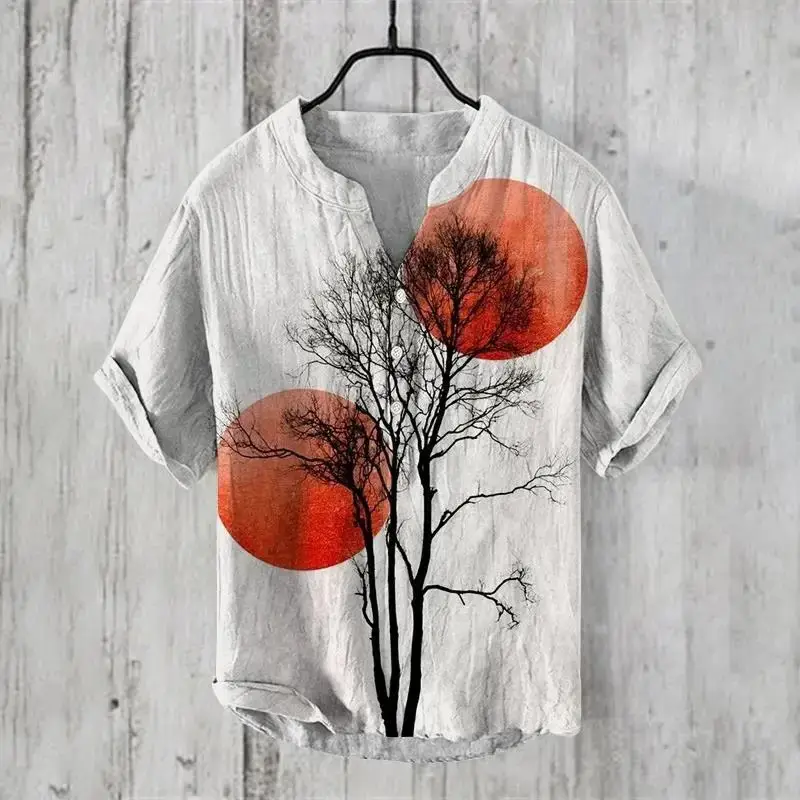 3D Printed Cat Tree V Neck Men's Cotton Shirt - Image 3