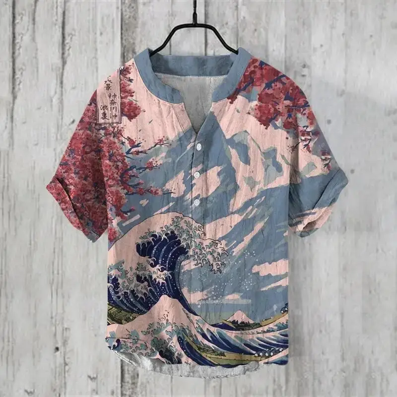 3D Printed Cat Tree V Neck Men's Cotton Shirt - Image 4