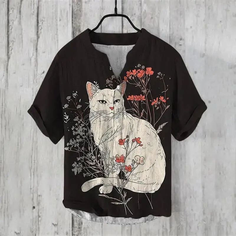 3D Printed Cat Tree V Neck Men's Cotton Shirt - Image 5