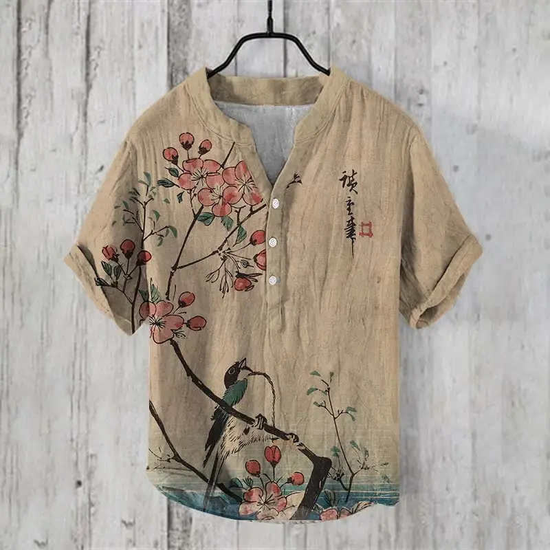 3D Printed Cat Tree V Neck Men's Cotton Shirt - Image 6