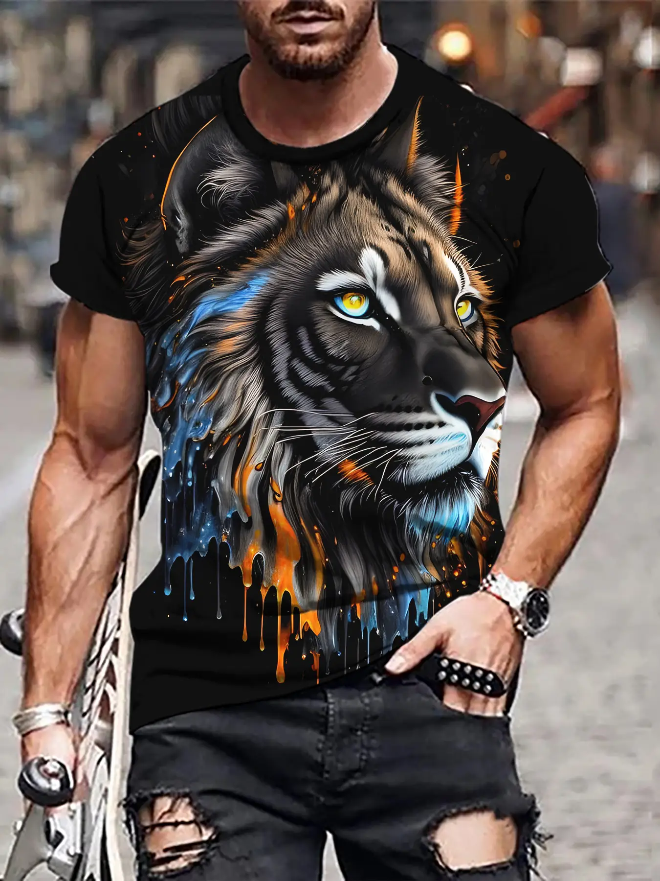 3D Digital Printed Men's T-Shirt with Fierce Beast Design