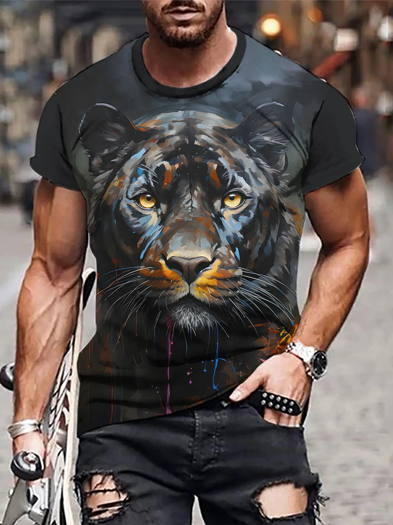 3D Digital Printed Men's T-Shirt with Fierce Beast Design