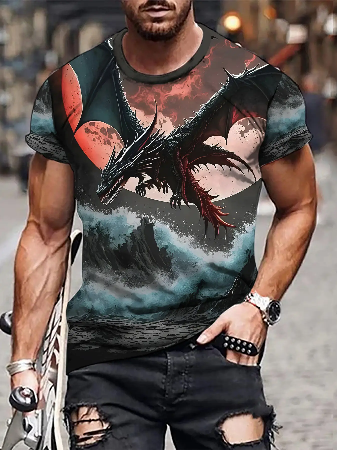 3D Digital Printed Men's T-Shirt with Fierce Beast Design