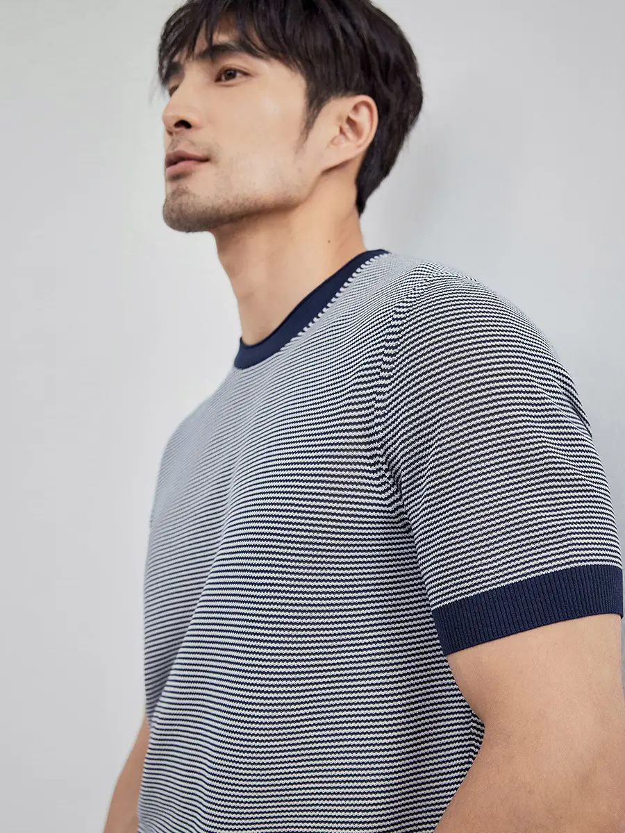 Men Black Striped Crewneck Polo Shirt 2024 - Image 26