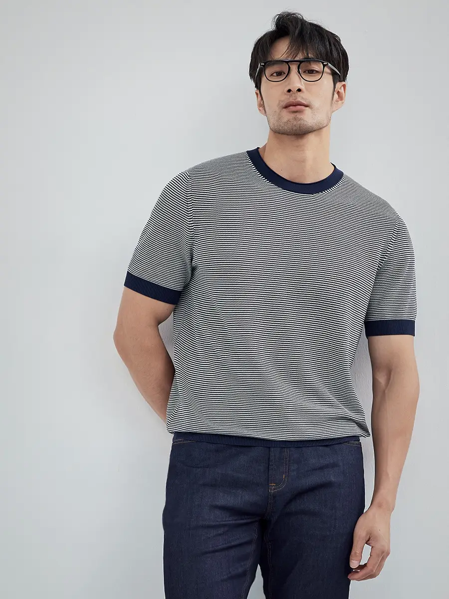 Men Black Striped Crewneck Polo Shirt 2024 - Image 27