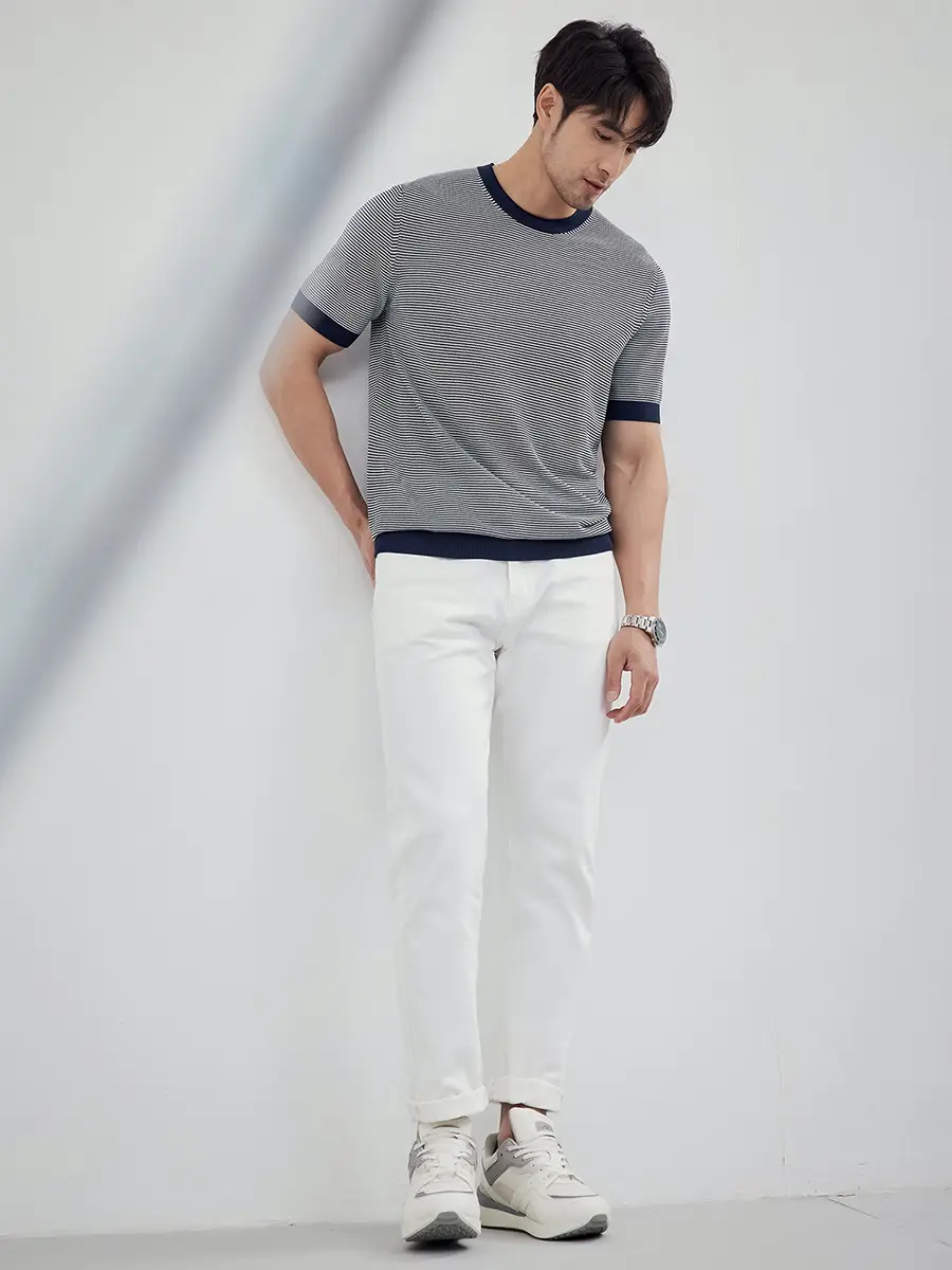 Men Black Striped Crewneck Polo Shirt 2024 - Image 28