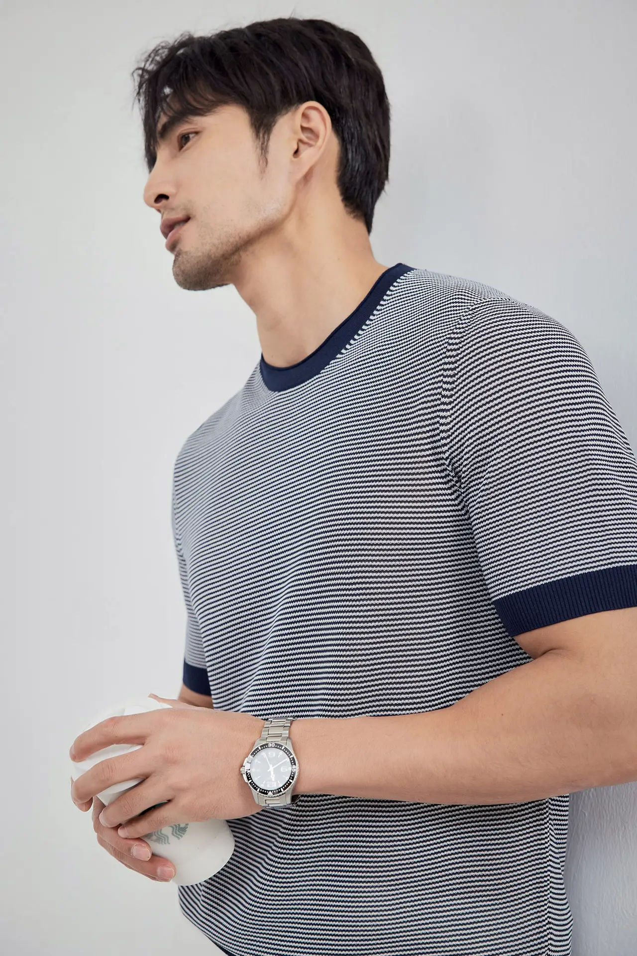 Men Black Striped Crewneck Polo Shirt 2024 — feature 10