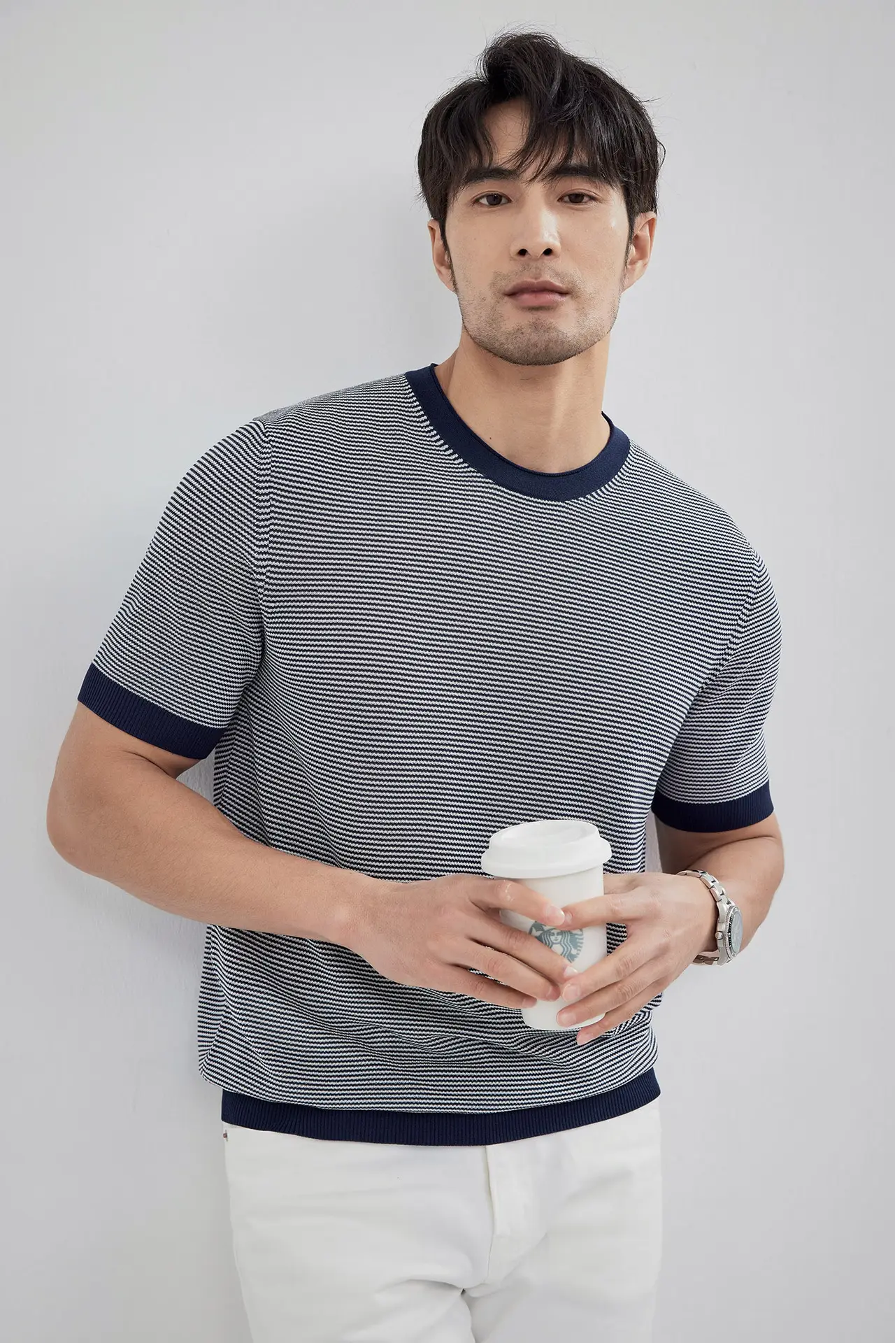 Men Black Striped Crewneck Polo Shirt 2024 — feature 12