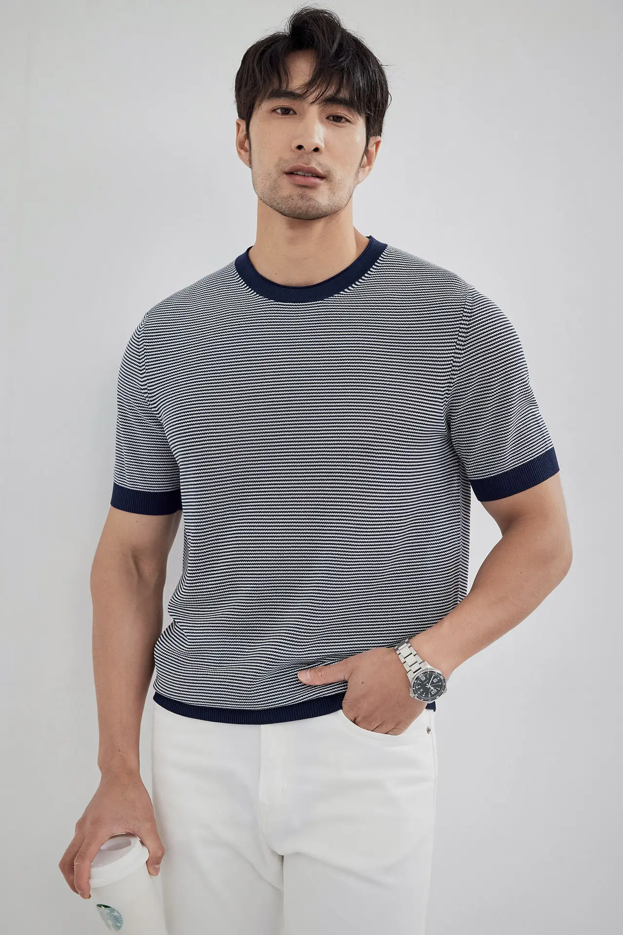 Men Black Striped Crewneck Polo Shirt 2024 — feature 13