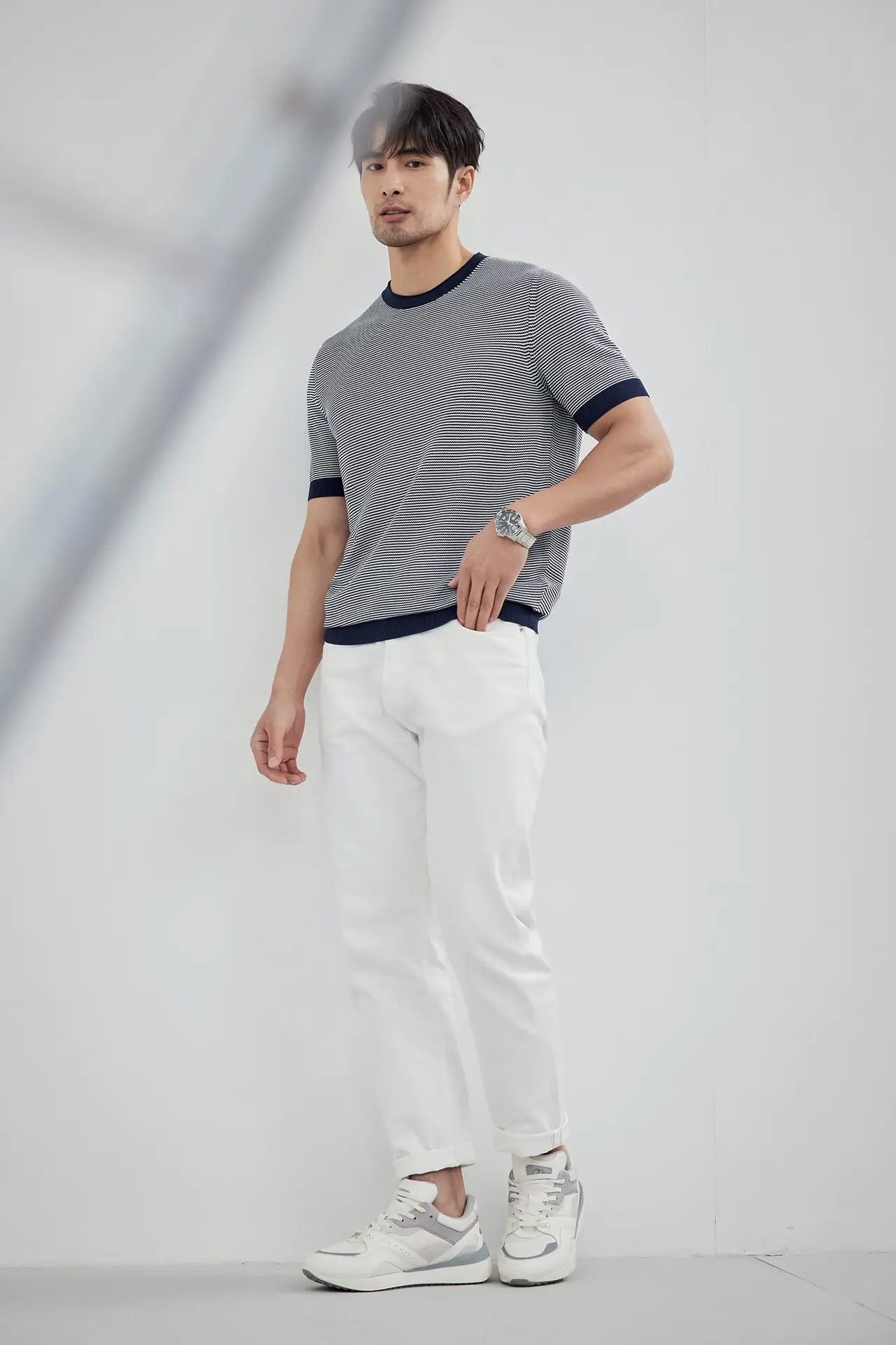 Men Black Striped Crewneck Polo Shirt 2024 — feature 15