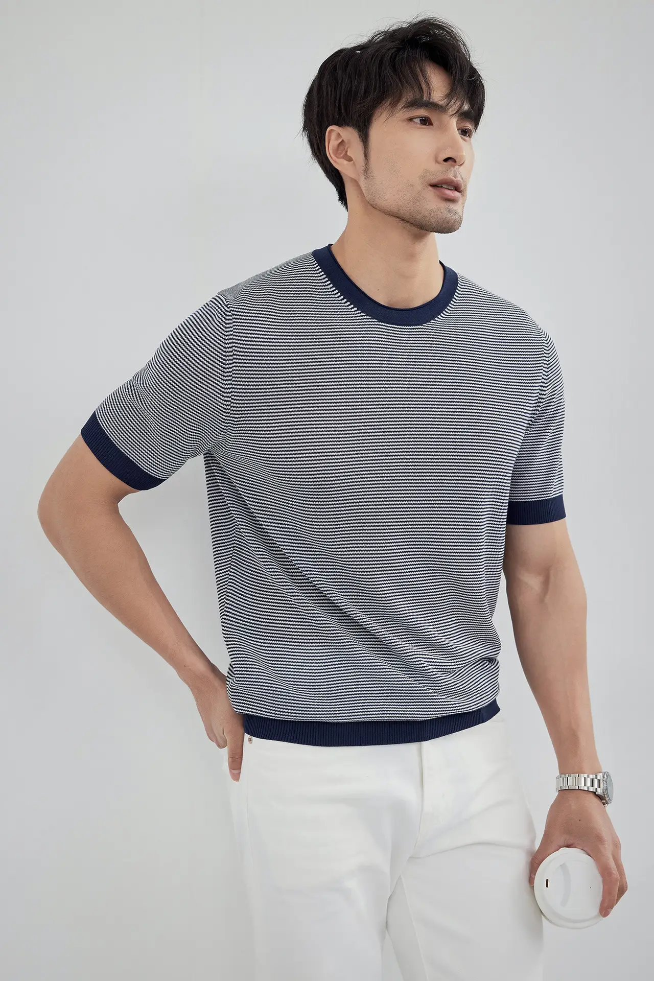 Men Black Striped Crewneck Polo Shirt 2024 — feature 17