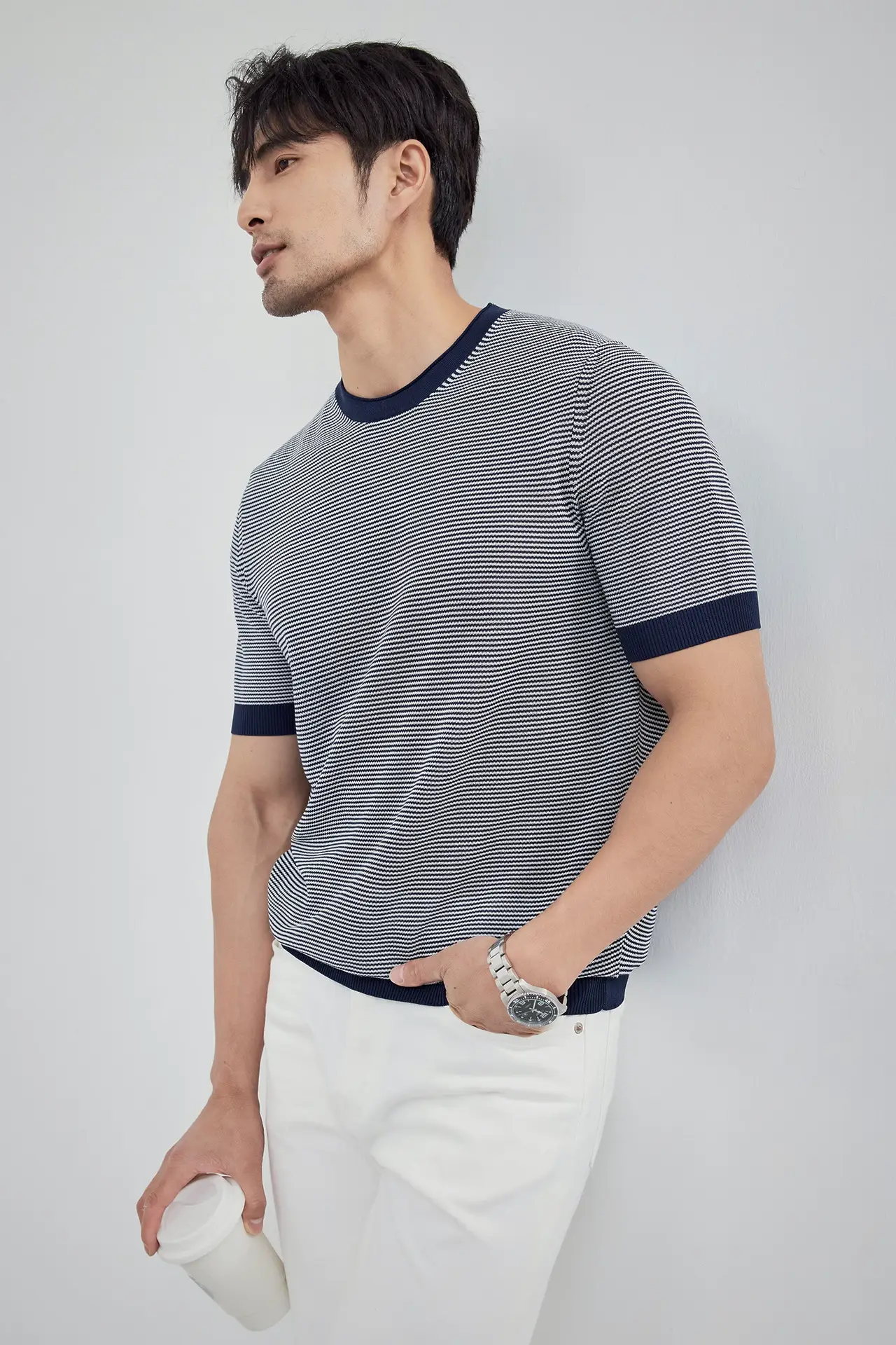 Men Black Striped Crewneck Polo Shirt 2024 — feature 18