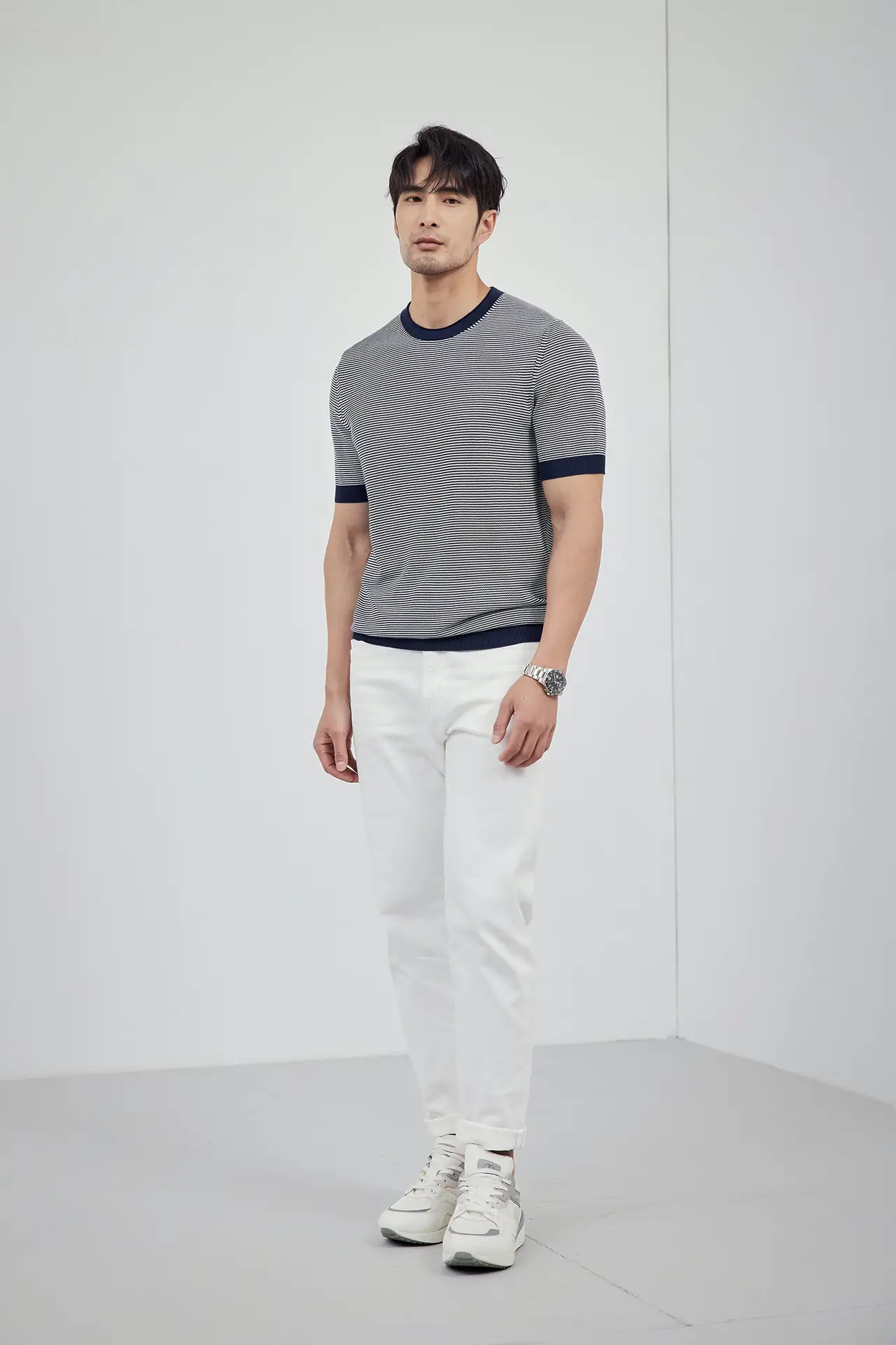 Men Black Striped Crewneck Polo Shirt 2024 — feature 20