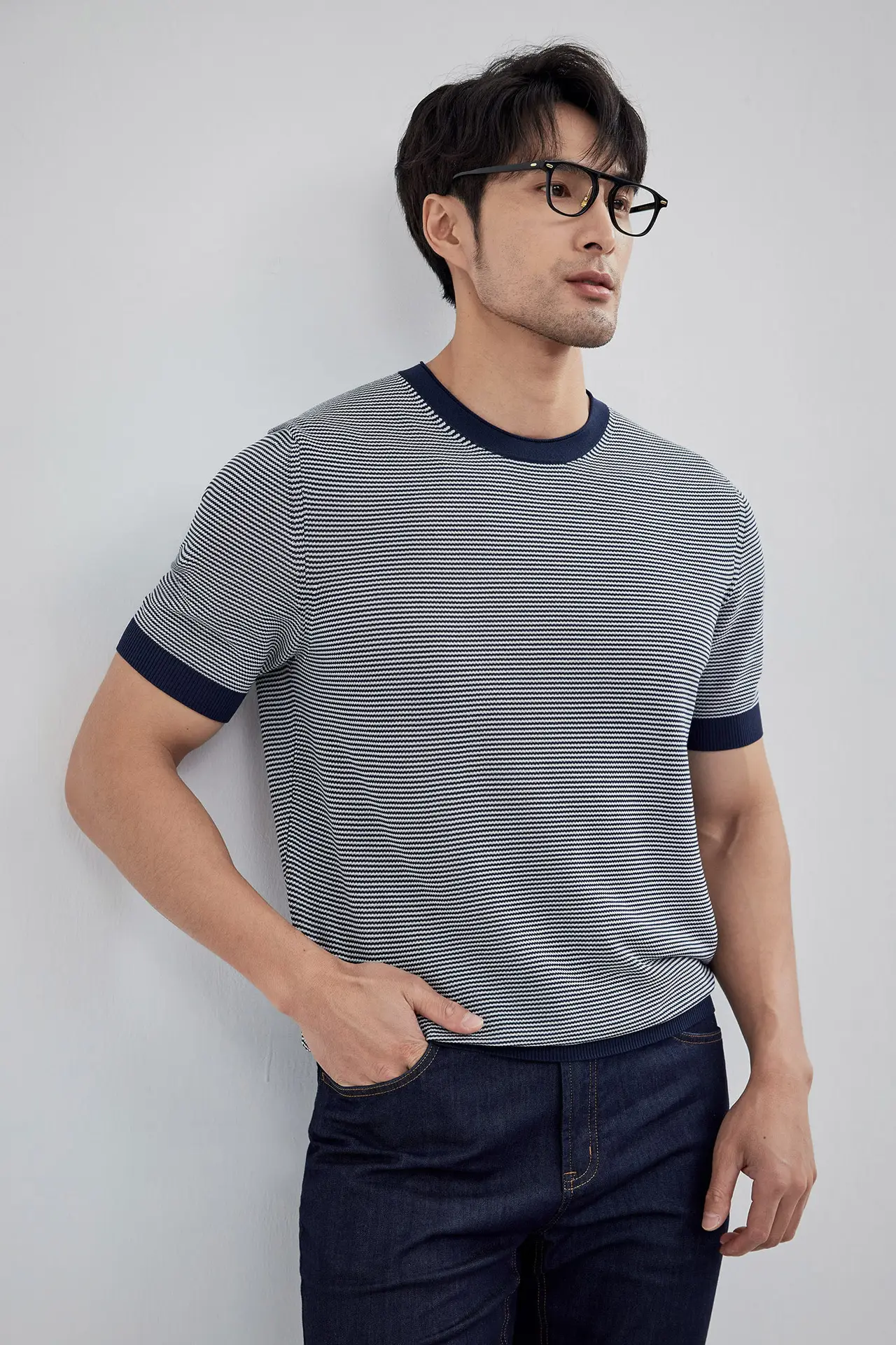 Men Black Striped Crewneck Polo Shirt 2024 — feature 24