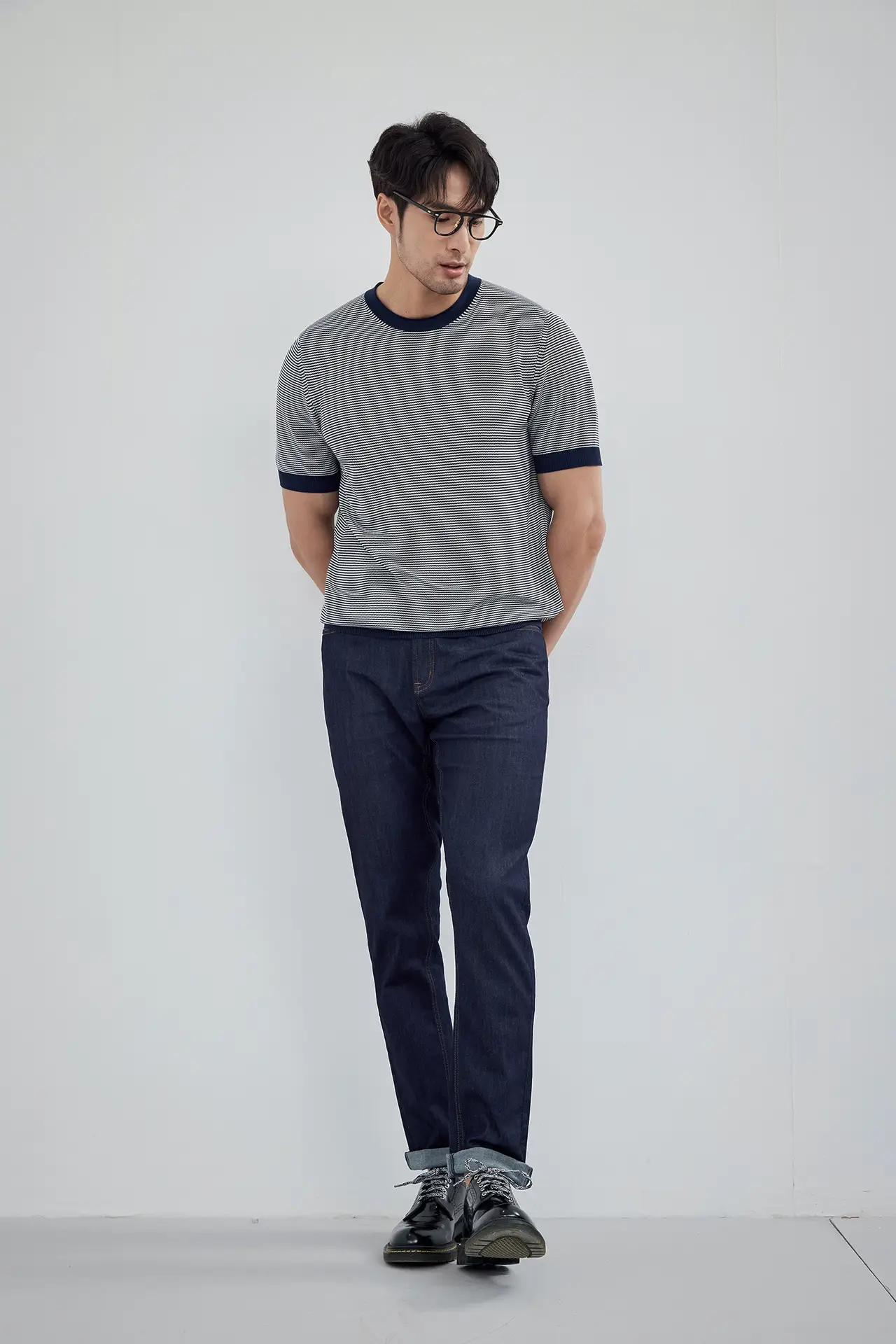 Men Black Striped Crewneck Polo Shirt 2024 — feature 25