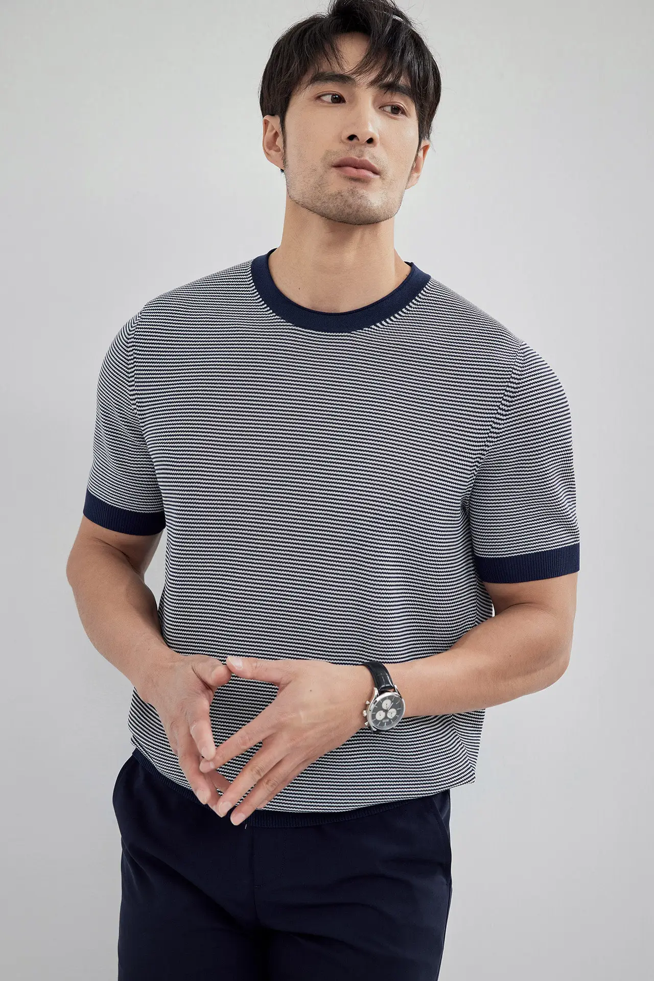 Men Black Striped Crewneck Polo Shirt 2024 — feature 27