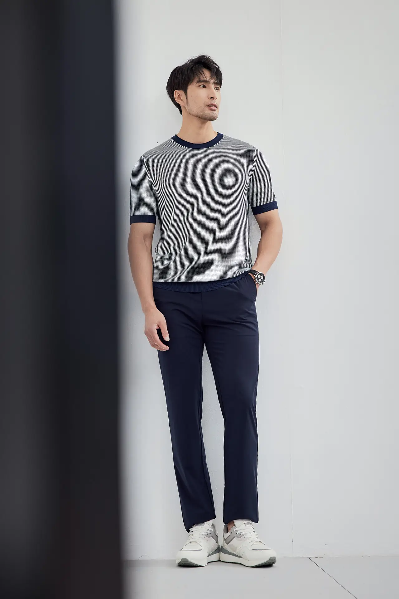 Men Black Striped Crewneck Polo Shirt 2024 — feature 31