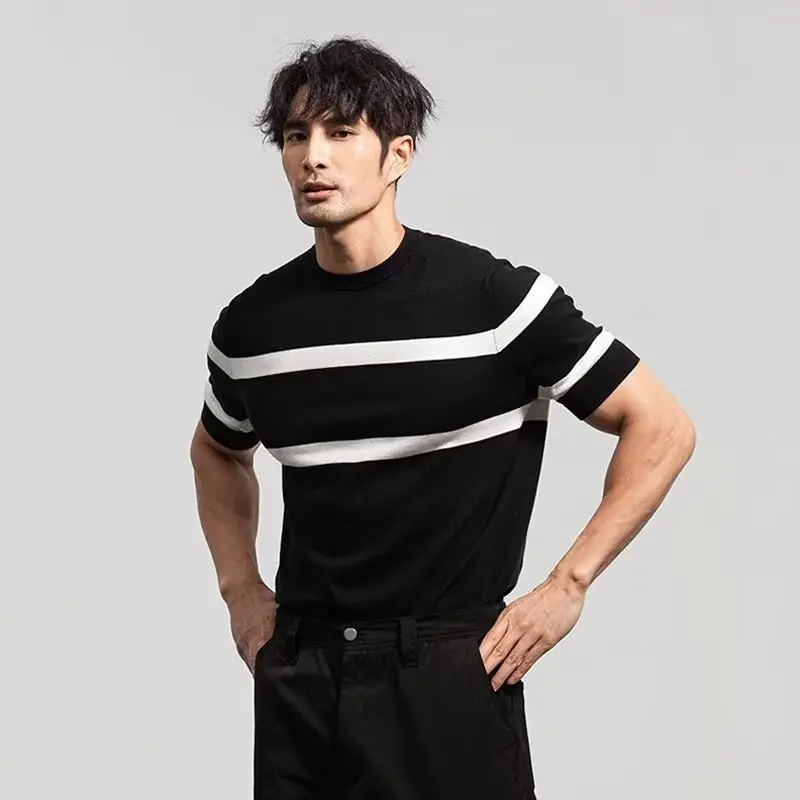 Men Black Striped Crewneck Polo Shirt 2024 - Image 12
