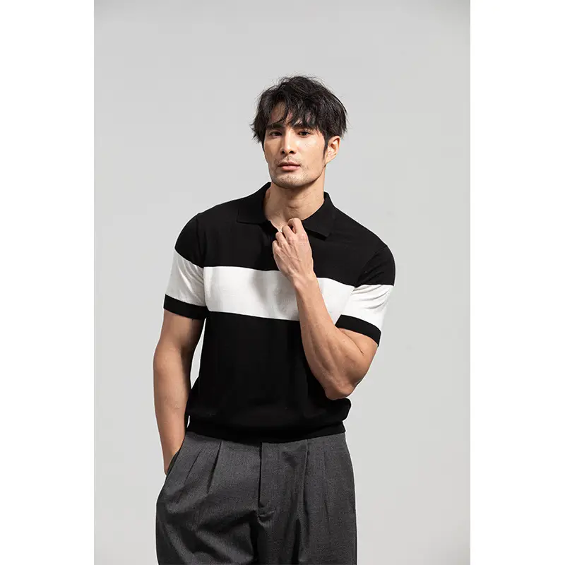 Men Black Striped Crewneck Polo Shirt 2024 - Image 13