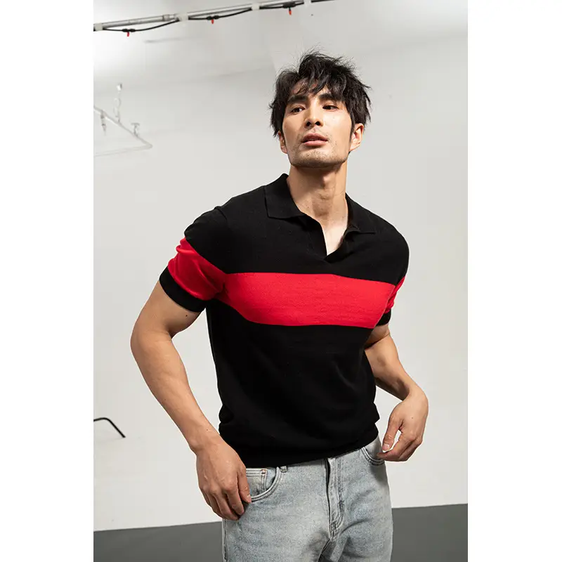 Men Black Striped Crewneck Polo Shirt 2024 - Image 14