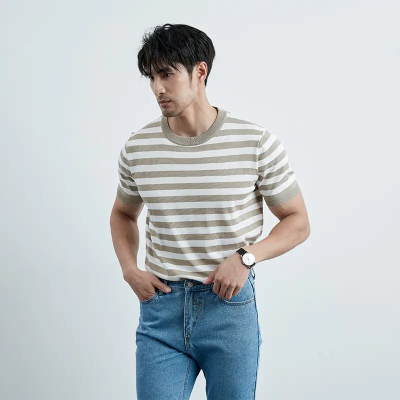 Men Black Striped Crewneck Polo Shirt 2024 - Image 2