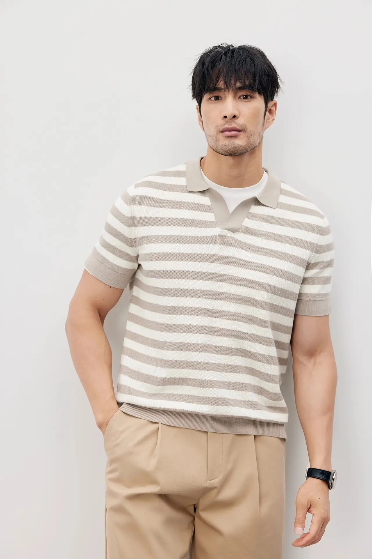 Men Black Striped Crewneck Polo Shirt 2024 - Image 22