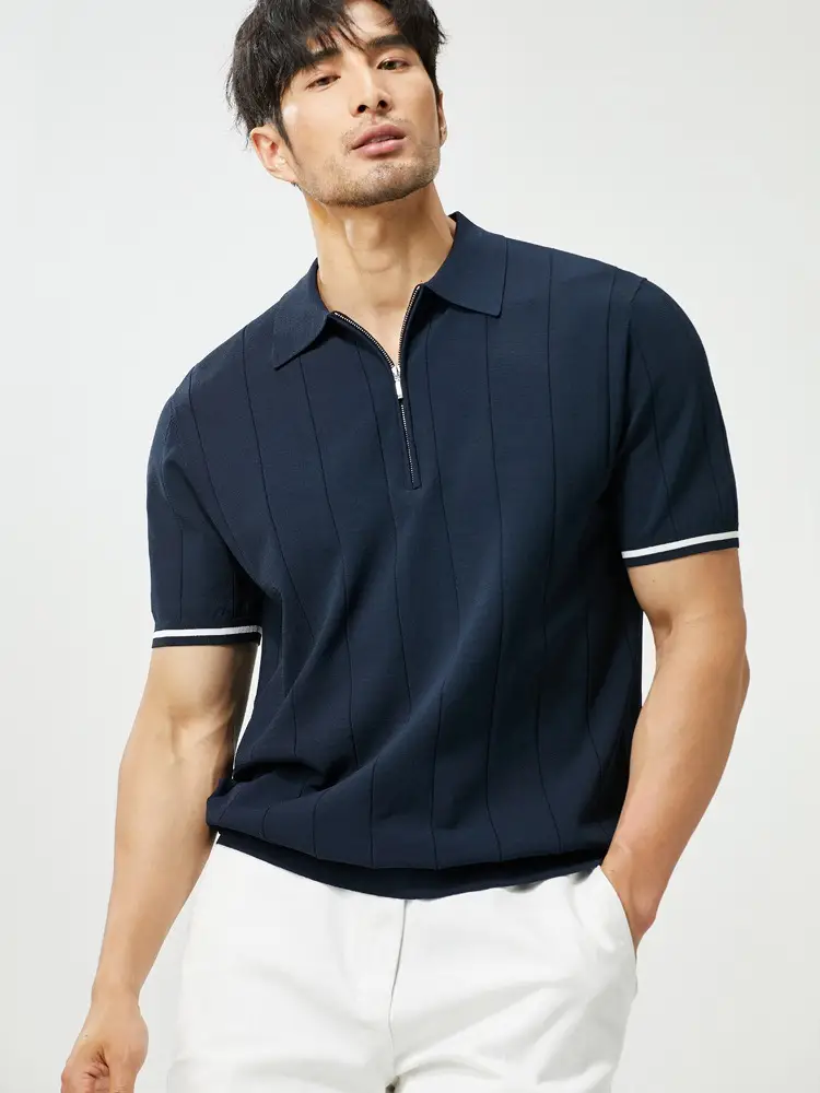 Men Black Striped Crewneck Polo Shirt 2024 - Image 23