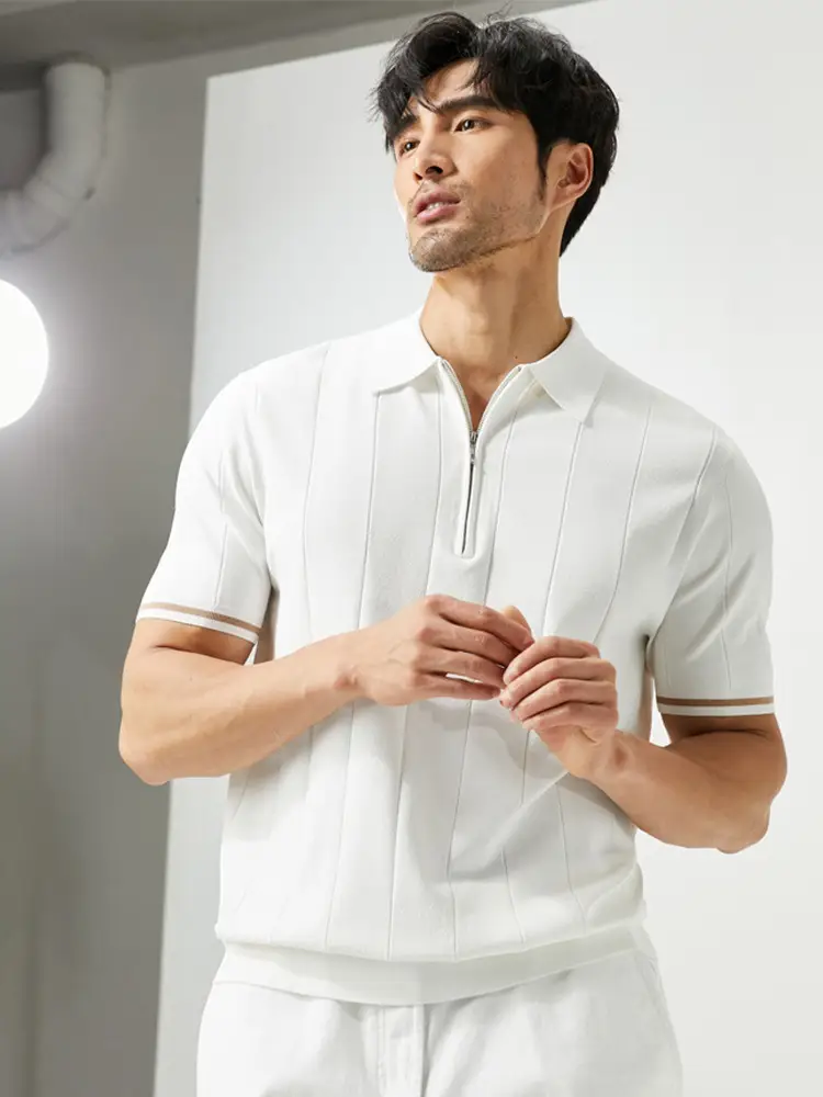 Men Black Striped Crewneck Polo Shirt 2024 - Image 24