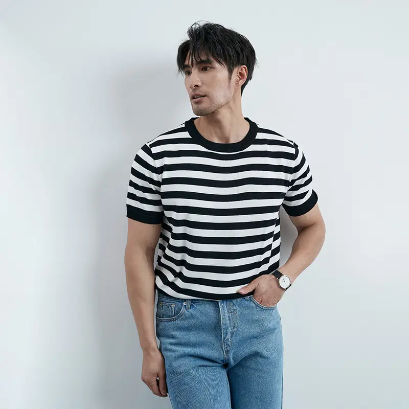 Men Black Striped Crewneck Polo Shirt 2024 - Image 3