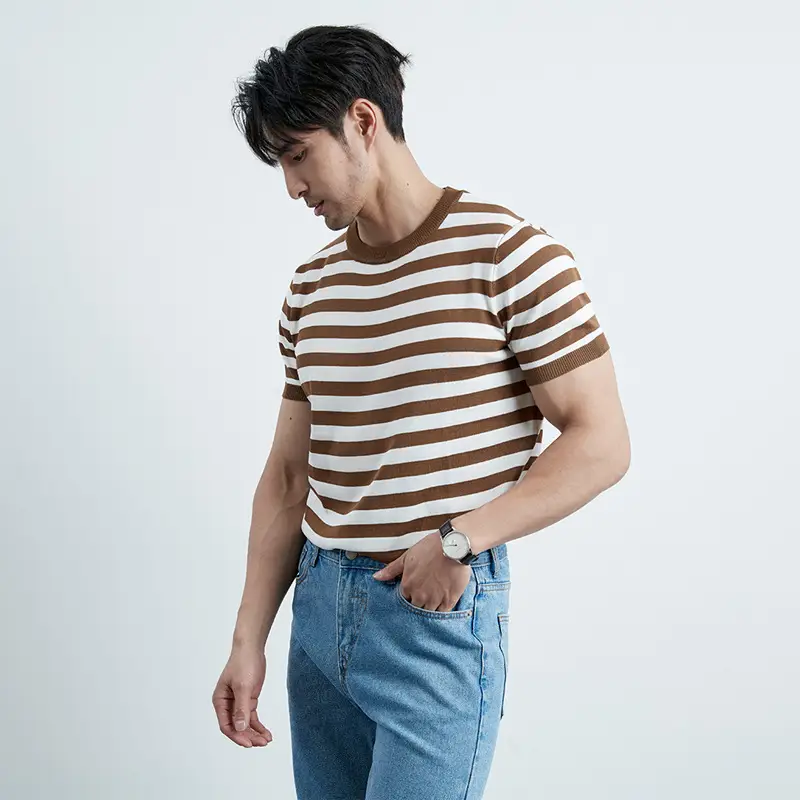 Men Black Striped Crewneck Polo Shirt 2024 - Image 4