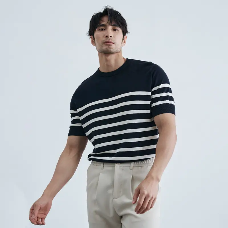 Men Black Striped Crewneck Polo Shirt 2024 - Image 5