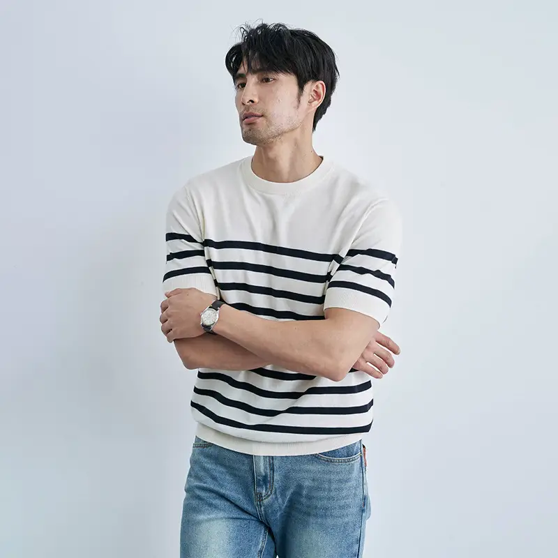 Men Black Striped Crewneck Polo Shirt 2024 - Image 6